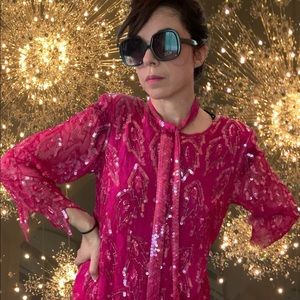 Vintage 1980s Hot Pink Silk Sequin Flame Party Dress
